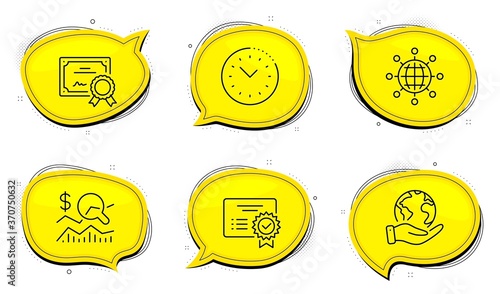 Time management sign. Diploma certificate, save planet chat bubbles. Certificate, International globe and Check investment line icons set. Verified document, World networking, Business report. Vector
