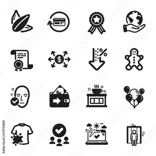 Set of Business icons, such as Dirty t-shirt, Refund commission. Certificate, approved group, save planet. Airplane travel, Gingerbread man, Elevator. Dollar exchange, Balloons, Wallet. Vector