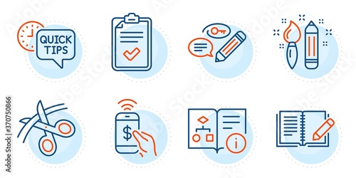 Phone payment, Keywords and Technical algorithm signs. Quick tips, Checklist and Feedback line icons set. Scissors, Creativity symbols. Helpful tricks, Survey. Education set. Outline icons set. Vector