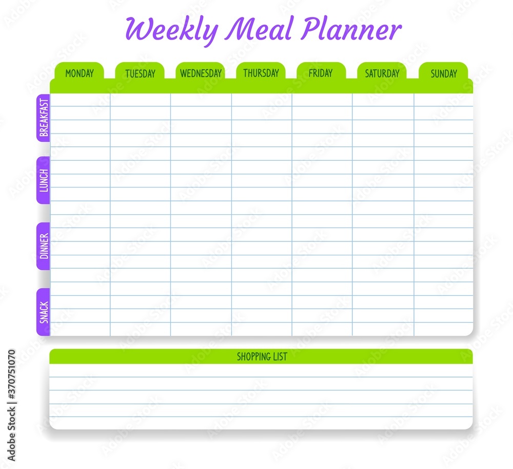 Weekly meal planner, vector timetable, week food plan organizer ...