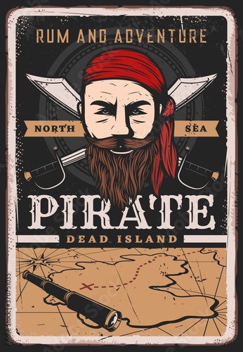 Pirate poster vintage, sailor captain and treasure map, vector retro grunge. Caribbean rum and adventure, filibuster captain or corsair pirate sailor and privateer in banana kerchief with sabers