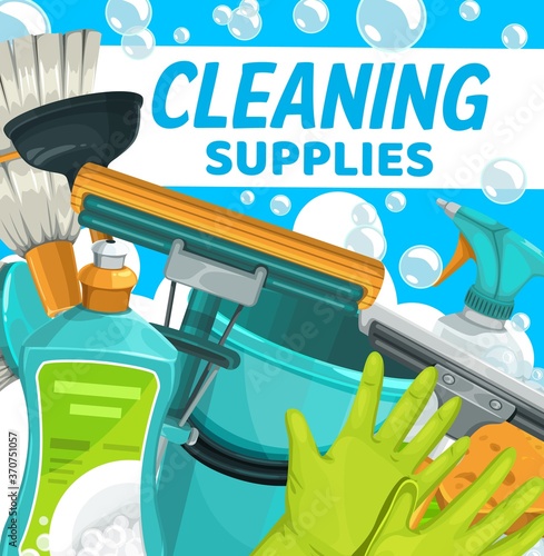 Cleaning supplies, household clean home vector bucket, detergents and cleaner sponge. Cleaning service, house washing equipment liquid soap, spray and brush, mop, besom broom and toilet plunger