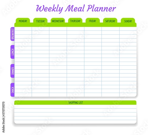 Weekly meal planner, vector timetable, week food plan organizer. Calendar menu for breakfast, lunch, dinner and snack with shopping list for grocery purchases. Diary template for personal dieting