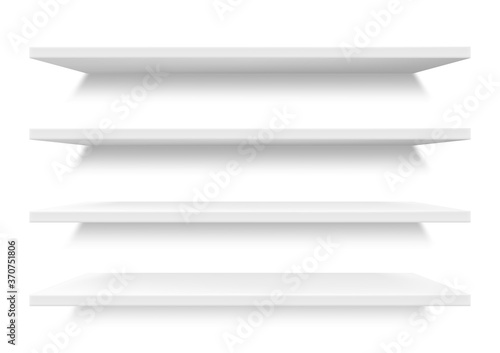Shelves in supermarket, store empty retail showcase display, vector 3D mockups. Shop shelves, white blank product stands and racks, isolated supermarket or trade mall pos shelving templates