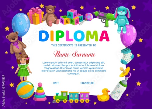 Kids diploma, kindergarten vector certificate template with baby soft bear and bunny toys. Doll, ball and train, cube blocks, child socks, duck and pacifier with gift boxes. Baby diploma for preschool