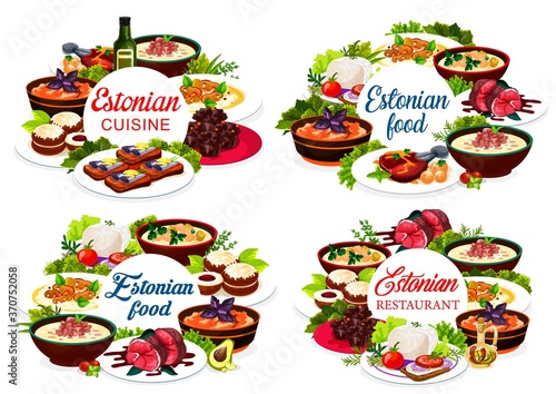 Estonian cuisine vector mushroom cream soup, pork mulqi, milk fish soup, syir and spicy homemade sprat. Dark beer pork roast and kama flour muffins, kama, fried flounder meals, dishes round frames set