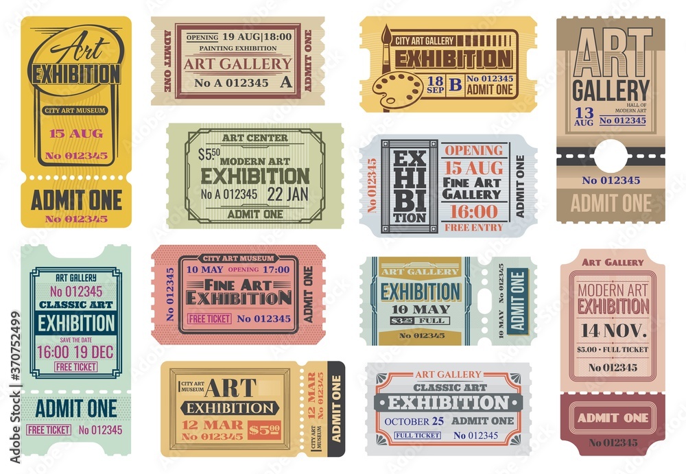 Art gallery, exhibition tickets, admits to event, vector vintage paper coupons templates. Modern art gallery and artist exhibition or classic museum admission tickets with date and control line