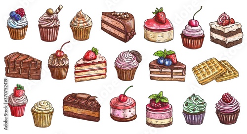 Cakes, cheesecakes and dessert sweets cupcakes sketch, vector icons. Bakery and pastry shop sweet chocolate cakes, hand drawn patisserie sweet dessert cheesecake, tiramisu, brownie and waffles