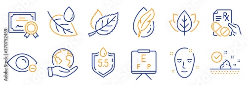 Set of Healthcare icons, such as Health skin, Leaf. Certificate, save planet. Organic tested, Skin care, Vision board. Leaf dew, Prescription drugs, Myopia. Vector