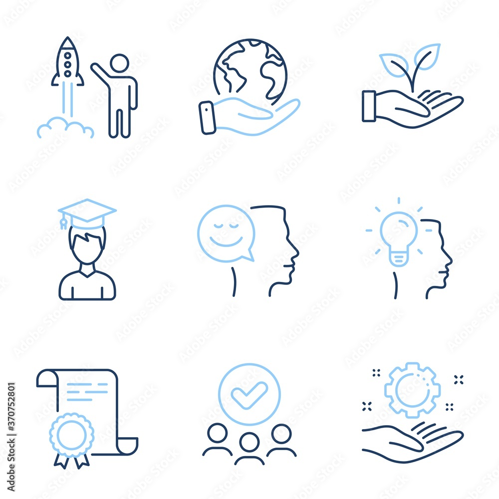 Employee hand, Helping hand and Good mood line icons set. Diploma certificate, save planet, group of people. Student, Launch project and Idea signs. Work gear, Startup palm, Positive thinking. Vector Employee hand, Helping hand and Good mood line icons set. Diploma certificate, save planet, group of people. Student, Launch project and Idea signs. Work gear, Startup palm, Positive thinking. Vector