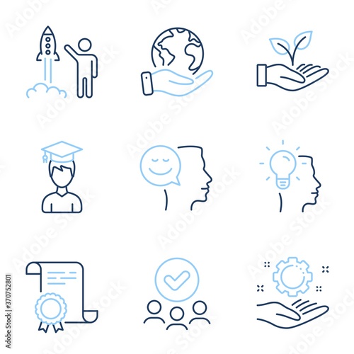 Employee hand, Helping hand and Good mood line icons set. Diploma certificate, save planet, group of people. Student, Launch project and Idea signs. Work gear, Startup palm, Positive thinking. Vector