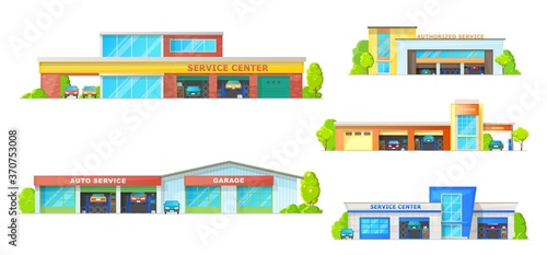 Car service building vector icons with auto repair shop, mechanic garage or workshop, car wash station and spare parts store. Automobile vehicle centers with doors, wheel tyres and lifting platforms
