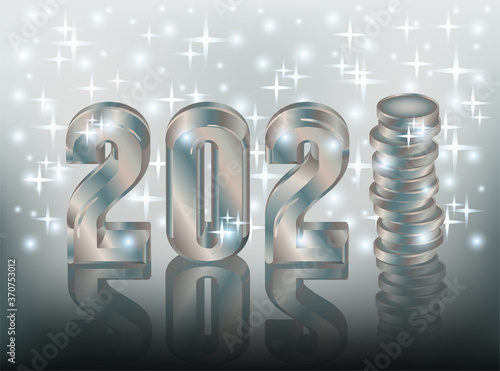 Silver New 2021 Year 3d card with coin, vector illustration