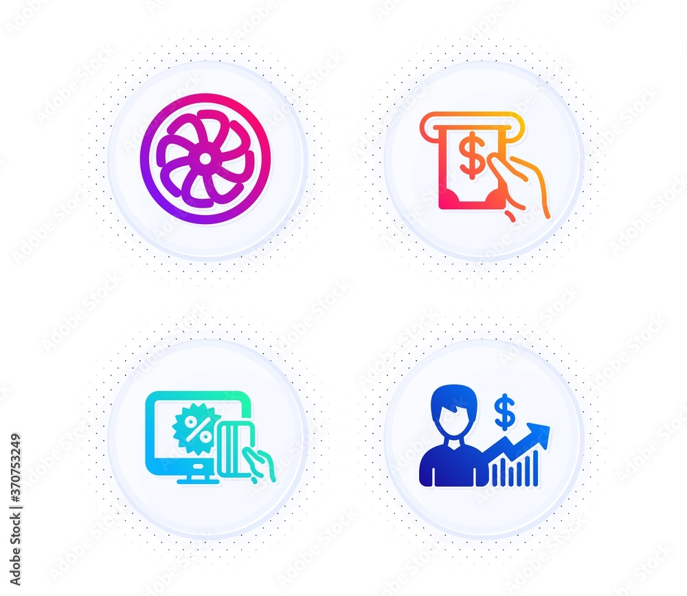 Fan engine, Atm service and Online shopping icons simple set. Button with halftone dots. Business growth sign. Ventilator, Cash investment, Black friday. Earnings results. Finance set. Vector