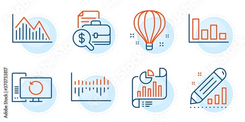 Air balloon, Edit statistics and Column diagram signs. Investment graph, Accounting report and Report document line icons set. Recovery computer, Histogram symbols. Outline icons set. Vector