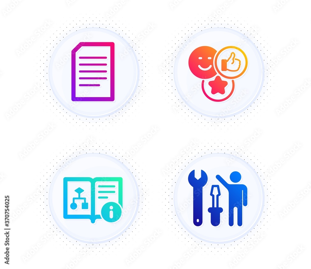 Document, Like and Technical algorithm icons simple set. Button with halftone dots. Repairman sign. Information file, Social media likes, Project doc. Repair screwdriver. Technology set. Vector Document, Like and Technical algorithm icons simple set. Button with halftone dots. Repairman sign. Information file, Social media likes, Project doc. Repair screwdriver. Technology set. Vector