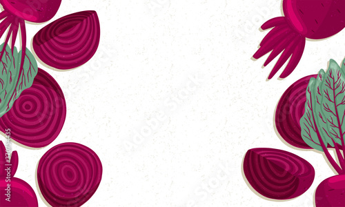 Autumn beet border vector cartoon illustration. Violet beetroot horizontal banner.
