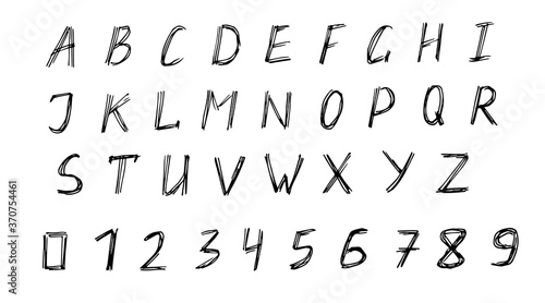 Handwritten uppercase letters of the English alphabet, numbers, Latin. Hatching, doodles, ink sketch. Vector illustration, set.
