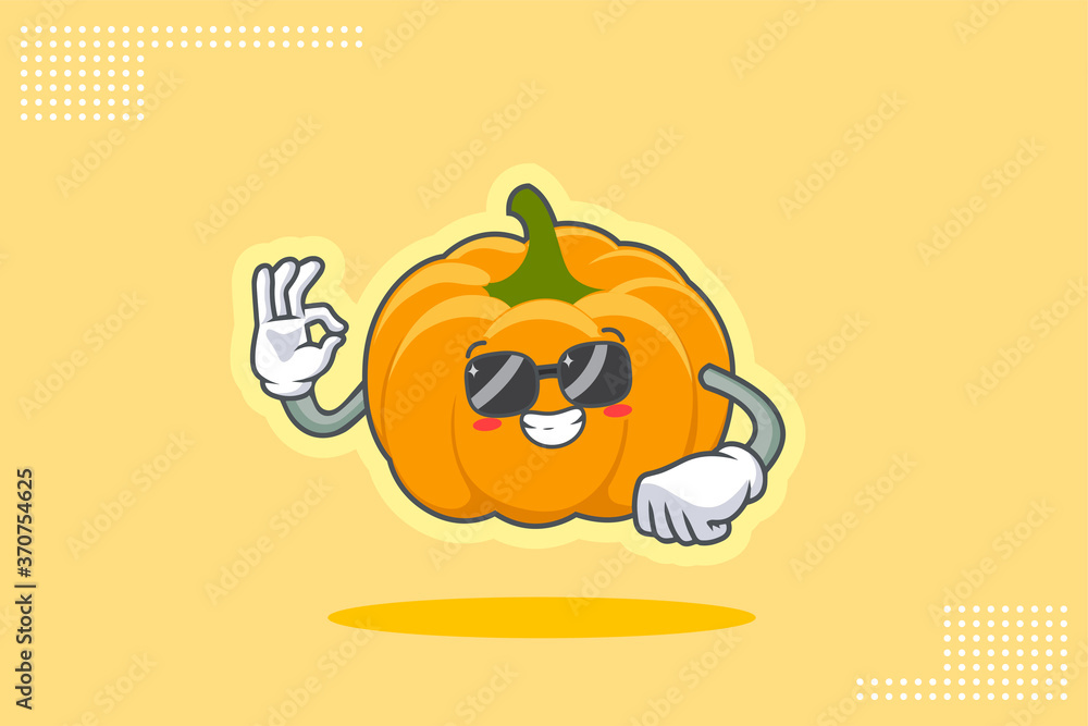 RELAXED, GLASSES, COOL Face Emotion. Nice Hand Gesture. Yellow, Orange Pumpkin Fruit Cartoon Drawing Mascot Illustration. RELAXED, GLASSES, COOL Face Emotion. Nice Hand Gesture. Yellow, Orange Pumpkin Fruit Cartoon Drawing Mascot Illustration.