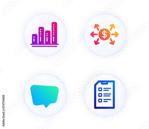 Dollar exchange, Chat message and Graph chart icons simple set. Button with halftone dots. Checklist sign. Payment, Speech bubble, Growth report. Data list. Education set. Vector