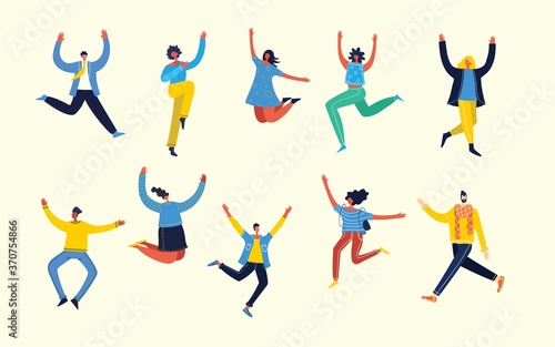 Enjoy your life. Concept of young people jumping on blue background and enjoing life in the flat design
