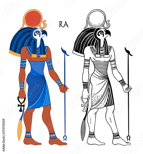 Portrait of Ra, Egyptian god of sun. Most important god in Ancient Egypt. Also known as Amun-Ra and Ra-Horakhty. Vector isolated illustration. Man with the head of a Hawk and the sun disk above him.