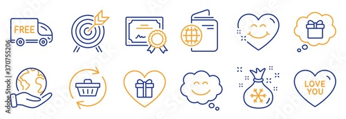 Set of Holidays icons, such as Refresh cart, Smile chat. Certificate, save planet. Romantic gift, Free delivery, Santa sack. Travel passport, Love you, Smile face. Vector