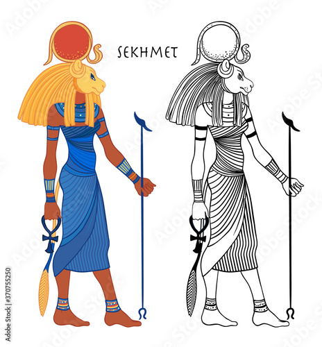 Sekhmet, the goddess of the sun, fire plagues, healing and war In Egyptian mythology. Vector isolated illustration. A woman with the head of a lion and the sun disk above her.