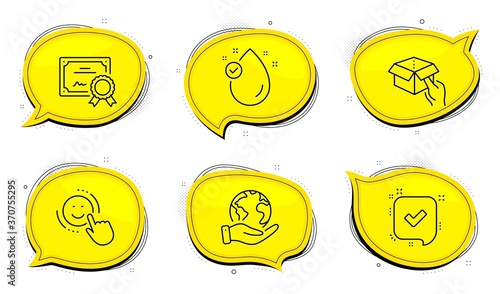 Hold box sign. Diploma certificate, save planet chat bubbles. Vitamin e, Confirmed and Smile line icons set. Oil drop, Accepted message, Positive feedback. Delivery parcel. Business set. Vector
