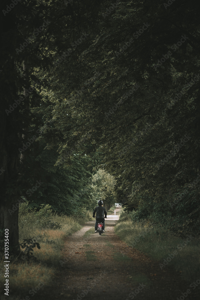 Exploring the forest by moped, lonely journey by motorbike through the forest, guy on moped driving down a dirt road Exploring the forest by moped, lonely journey by motorbike through the forest, guy on moped driving down a dirt road