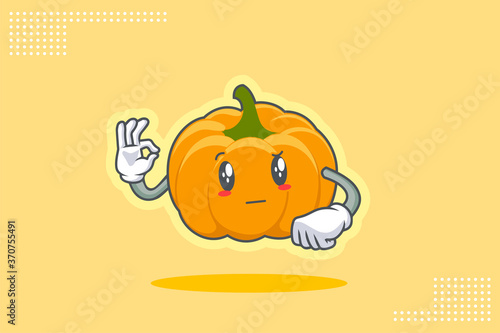 REALLY, ATTENTIVE, Curios Face Emotion. Nice Hand Gesture. Yellow, Orange Pumpkin Fruit Cartoon Drawing Mascot Illustration.