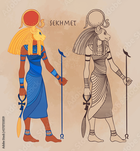 Sekhmet, the goddess of the sun, fire plagues, healing and war In Egyptian mythology. Vector isolated illustration. A woman with the head of a lion and the sun disk above her.