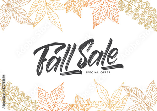 Vector Handwritten calligraphic brush lettering of Fall Sale on foliage background. Discount special offer.