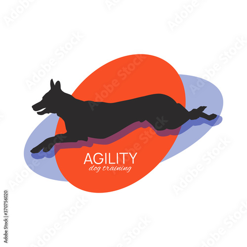 Flat vector silhouette of jumping dog for agility club logo design.