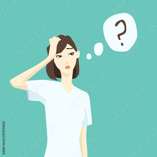 Confused woman. women think of something. female with question mark.