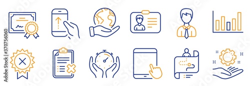 Set of Business icons, such as Employee hand, Journey path. Certificate, save planet. Column chart, Timer, Identification card. Businessman, Reject checklist, Swipe up. Vector