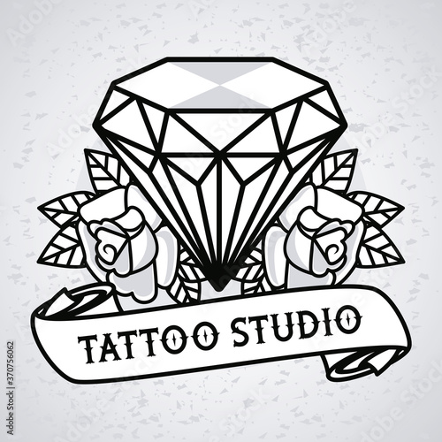 luxury diamond with roses flowers tattoo studio graphic