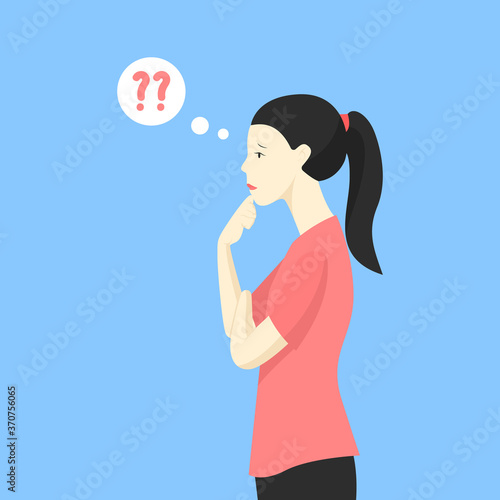 adult, ask, attractive, background, body, bubble, businesswoman, cartoon, character, concept, confused, confusion, covid-19, cute, doubt, emotion, expression, face, female, help, idea, illustration, i