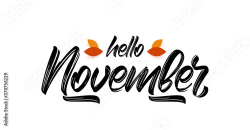 Vector handwritten type lettering of Hello November with fall leaves.