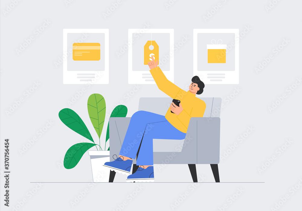 User selects best personal offer from in store - discount, gift, or cashback. Man sitting in chair at home and shopping online. User interface concept for web page, landing page, app, advertising. User selects best personal offer from in store - discount, gift, or cashback. Man sitting in chair at home and shopping online. User interface concept for web page, landing page, app, advertising.