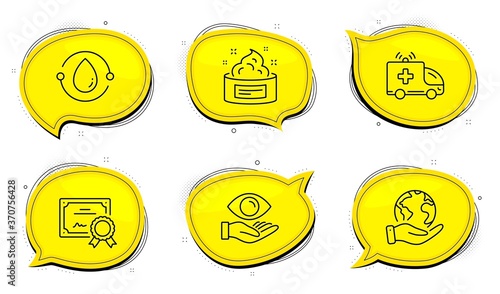 Health eye sign. Diploma certificate, save planet chat bubbles. Cold-pressed oil, Skin cream and Ambulance car line icons set. Organic tested, Medical cosmetic, Emergency transport. Optometry. Vector