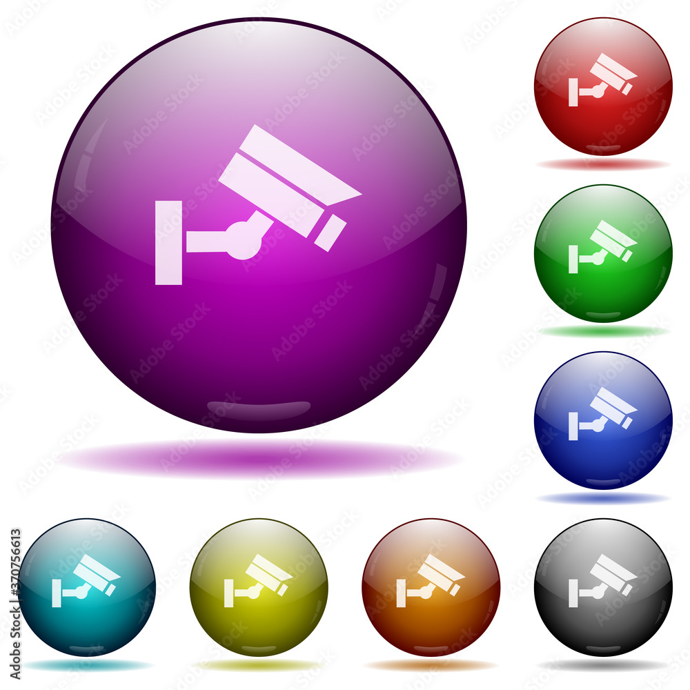 Security camera icon in glass sphere buttons Security camera icon in glass sphere buttons