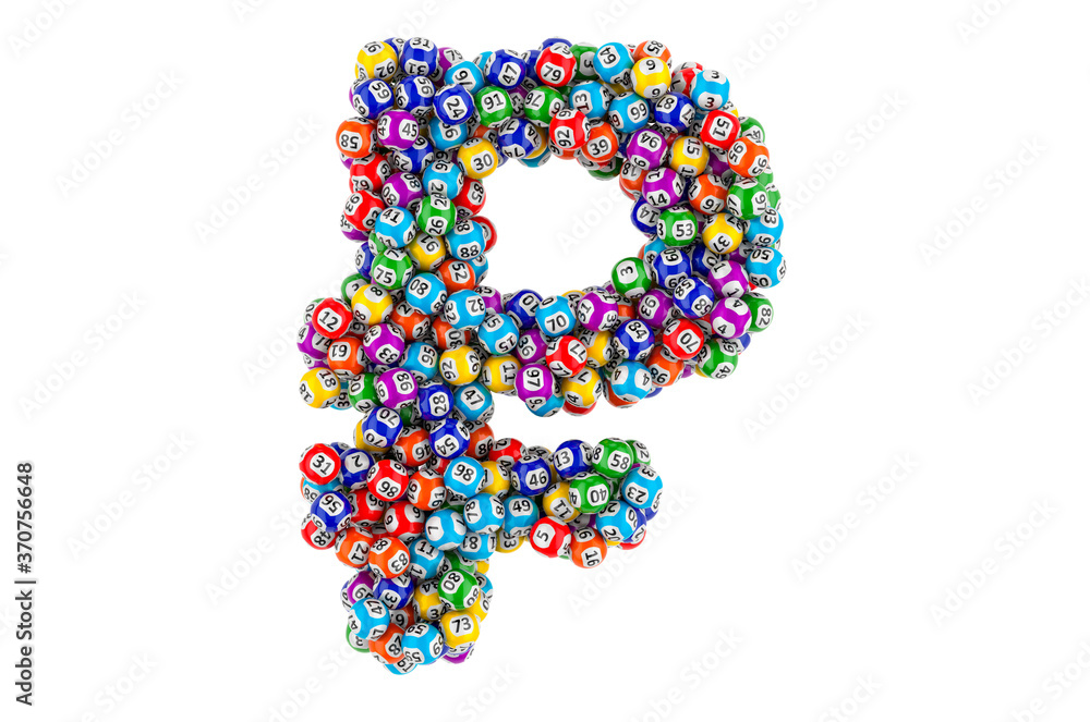 Ruble sign from colored lottery balls. 3D rendering Ruble sign from colored lottery balls. 3D rendering