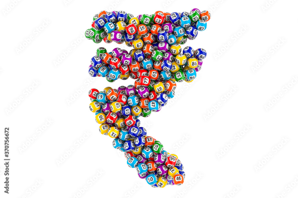 Rupee sign from colored lottery balls. 3D rendering