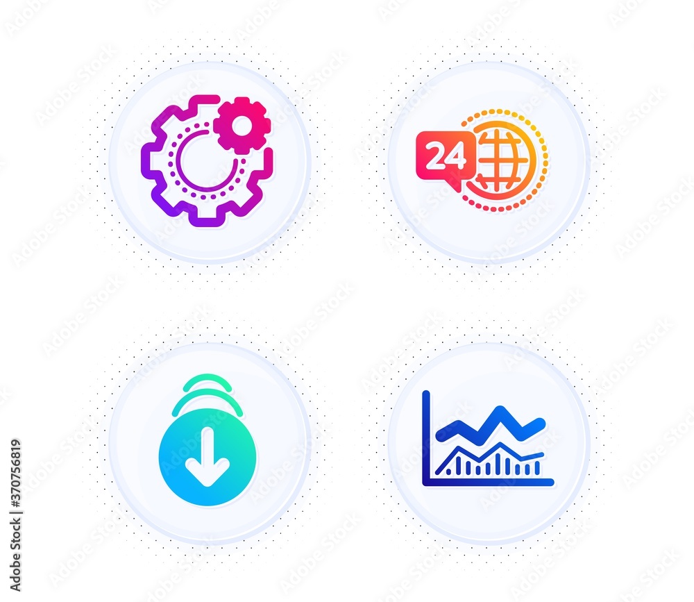 Scroll down, 24h service and Cogwheel icons simple set. Button with halftone dots. Trade infochart sign. Swipe screen, Call support, Engineering tool. Business analysis. Business set. Vector