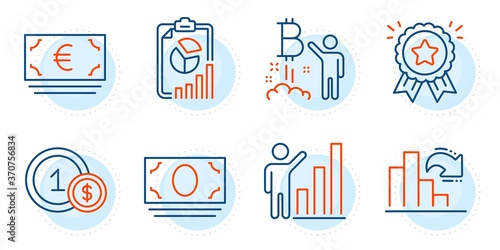 Decreasing graph, Loyalty award and Graph chart signs. Euro currency, Usd coins and Bitcoin project line icons set. Cash money, Report symbols. Eur banking, Cash payment. Finance set. Vector
