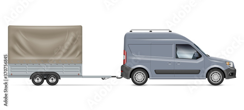 Van towing a trailer tent vector illustration. Side view of car on white background.