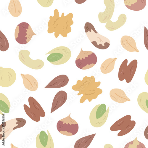 Seamless pattern with different nuts isolated on white background. Food doodle in light colors. Cute simple template with mixed nuts. Healthy protein rich snack. Pistachio, almonds, peanut, macadamia.