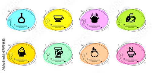 Mint leaves, Eco food and Mint tea signs. Timeline infographic. Doppio, Cooking hat and Cognac bottle line icons set. Coffee cup, Bombon coffee symbols. Chef, Brandy alcohol. Vector