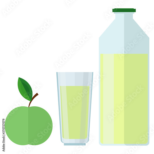 Apple juice in a bottle and glass. Vector illustration with apples and a drink on a white background.